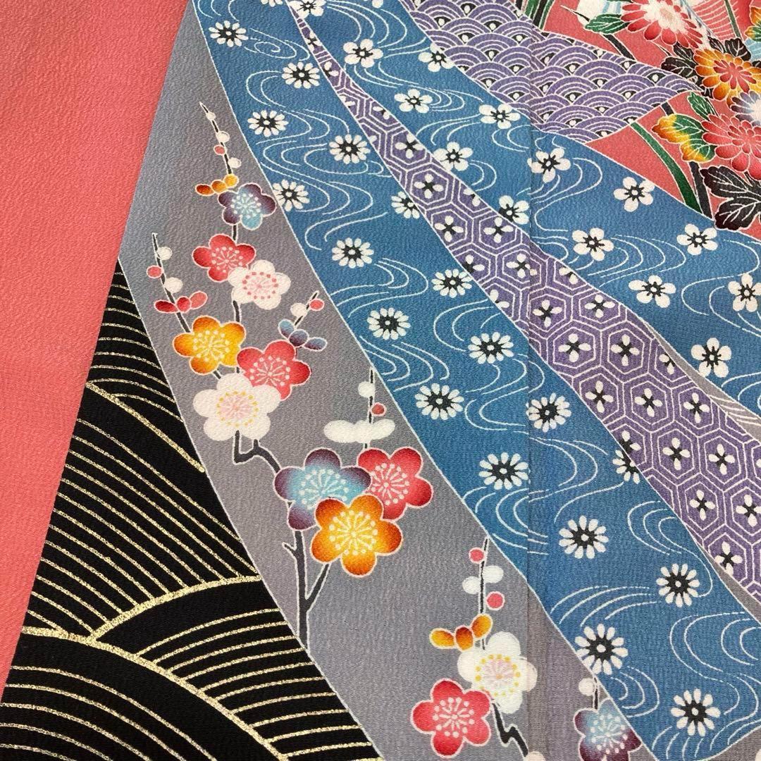 【良品✨】東レシルック　振袖　洗える着物　中紅色　四季草花模様　トールサイズG2