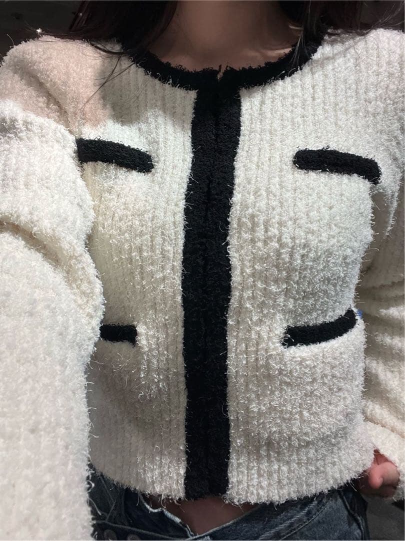 【美品】 マウジー カーディガン FANCY YARN BI COLOR 白　黒