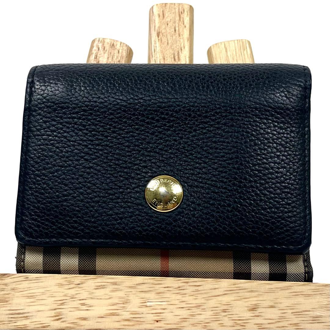 バーバリー　三つ折り財布　ゴールドボタン　ノバチェック　レザー　コンパクト　美品