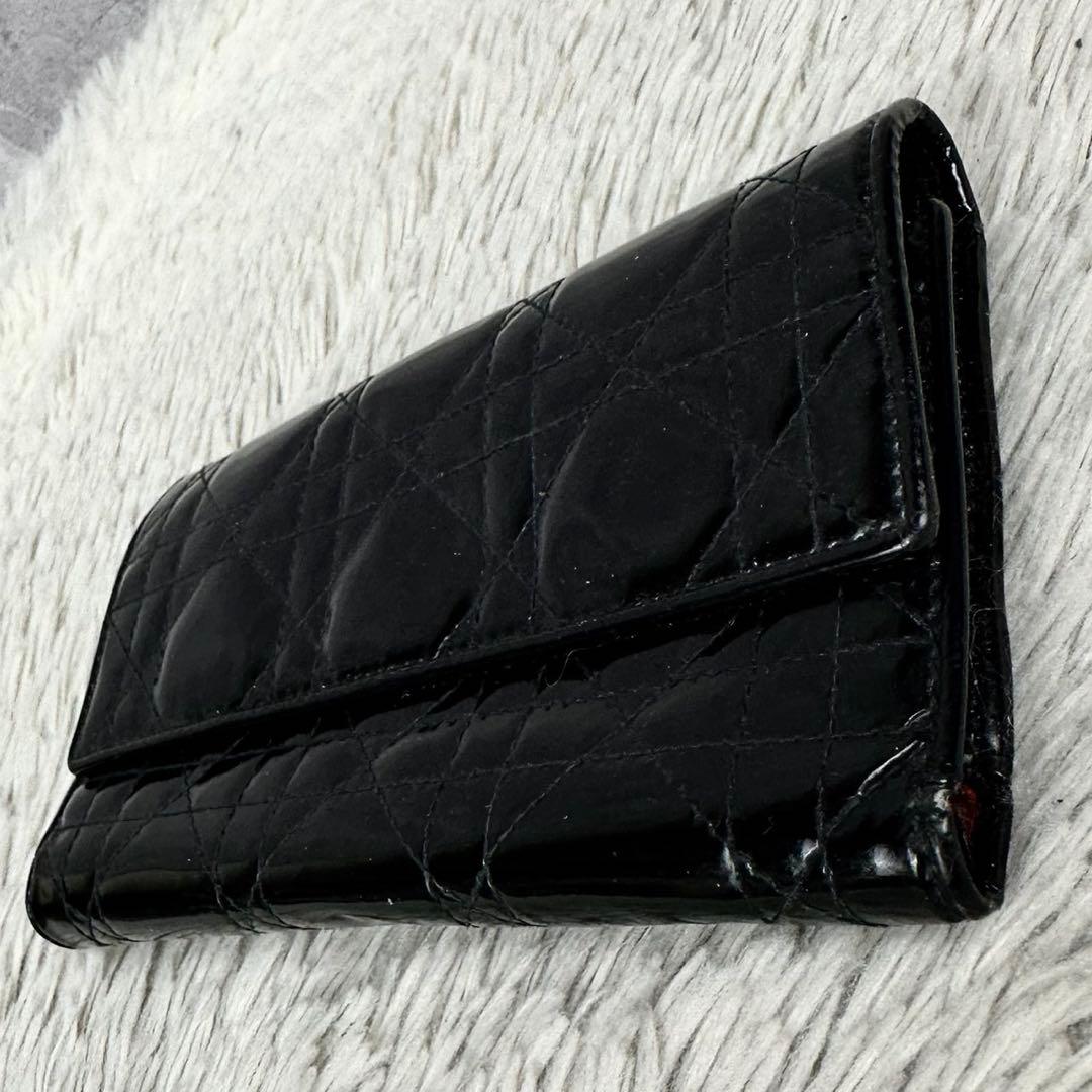 クリスチャンディオール エナメル 折り財布 カナージュ ホック ブラック