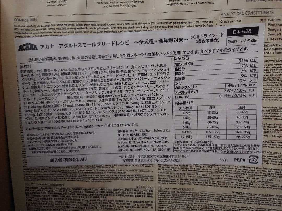 アカナ アダルト スモールブリードレシピ 2kg 3本
