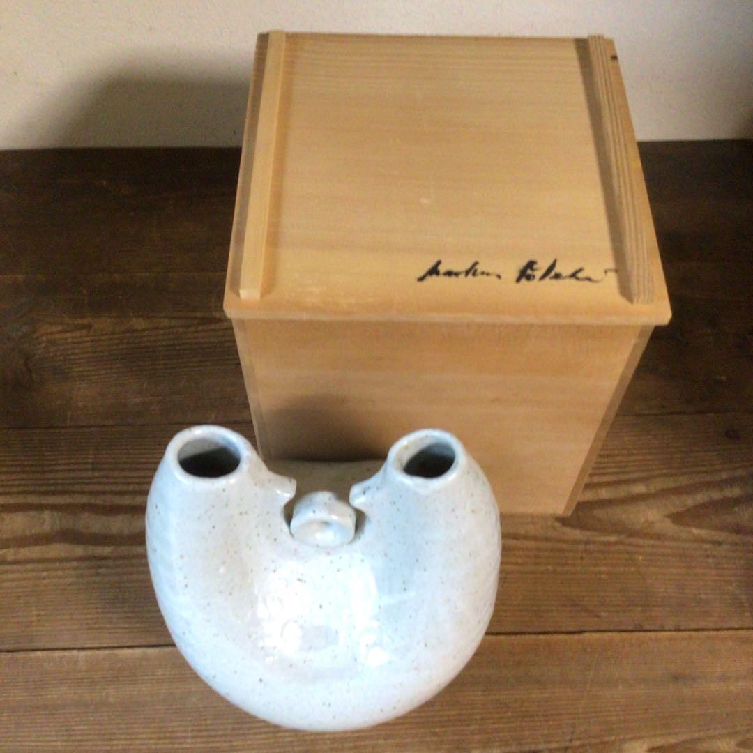 No4101 粉引二口花瓶　MARKUS japan印　木箱付　陶磁器　送料無料