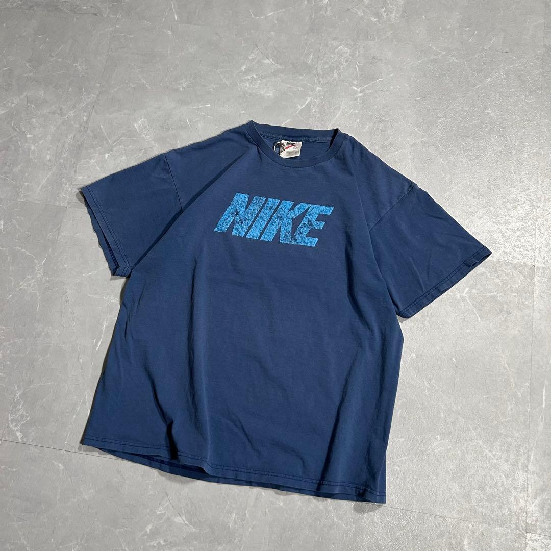 90s OLD NIKE 白タグ tシャツ 短丈 Y2K ネイビー デカロゴ L