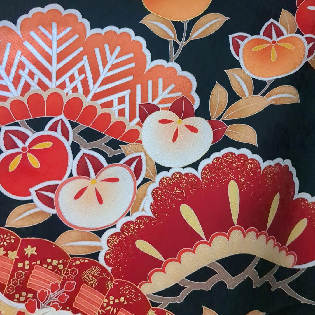 正絹振袖 駒刺繍 紫野 吉祥花文 鶴 金彩 振袖セット 振袖フルセット 黒 82