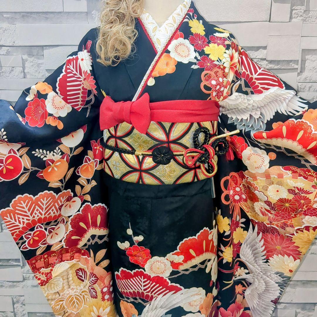 正絹振袖 駒刺繍 紫野 吉祥花文 鶴 金彩 振袖セット 振袖フルセット 黒 82
