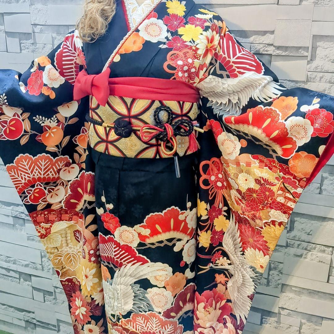 正絹振袖 駒刺繍 紫野 吉祥花文 鶴 金彩 振袖セット 振袖フルセット 黒 82