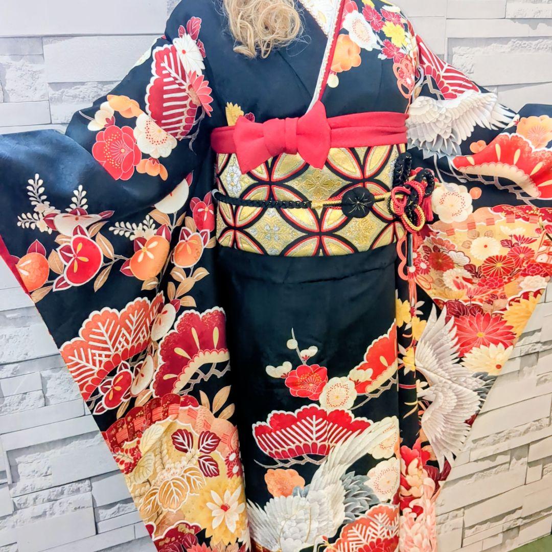 正絹振袖 駒刺繍 紫野 吉祥花文 鶴 金彩 振袖セット 振袖フルセット 黒 82