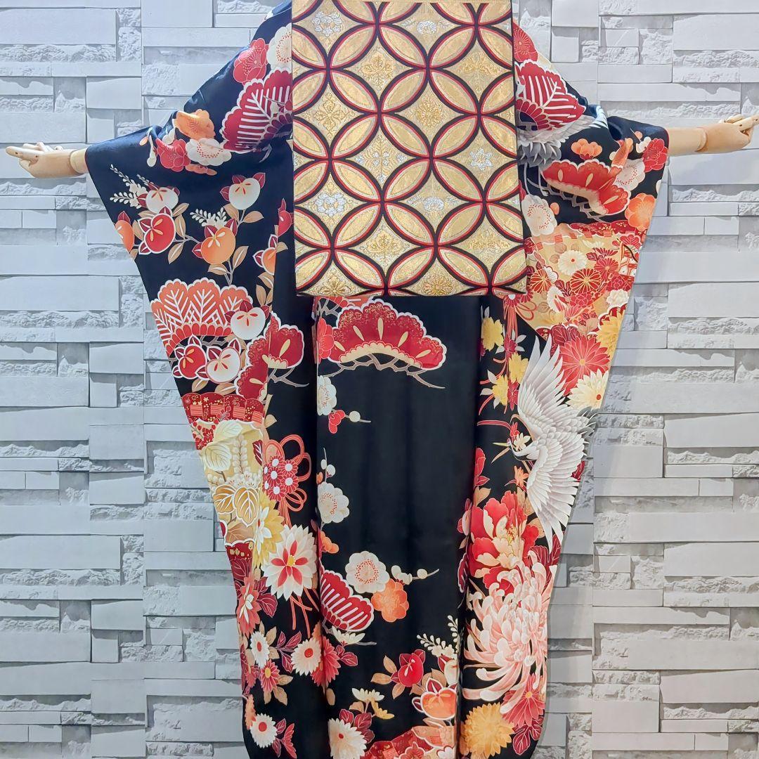 正絹振袖 駒刺繍 紫野 吉祥花文 鶴 金彩 振袖セット 振袖フルセット 黒 82