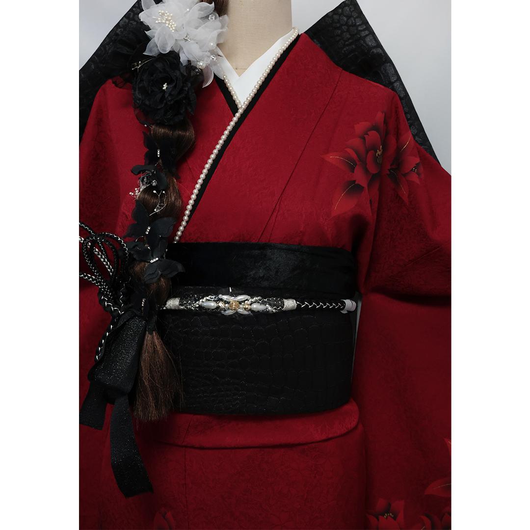 くぅたんママ【美品】振袖5点セット166cm◆成人式前撮り正絹赤黒DY36