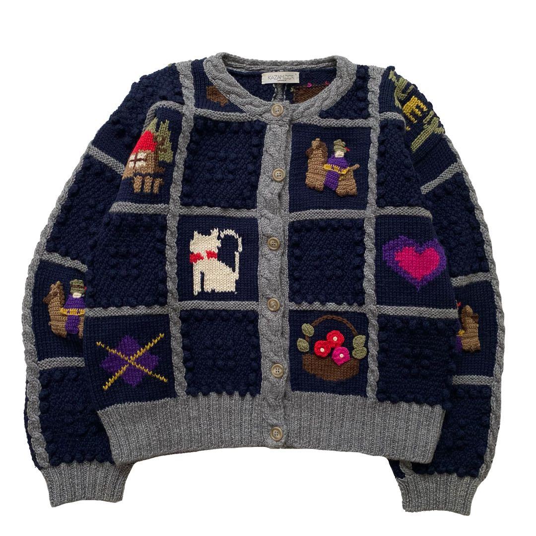レトロ 立体 刺繍 ポンポン ニット カーディガン 古着 昭和 ビンテージ