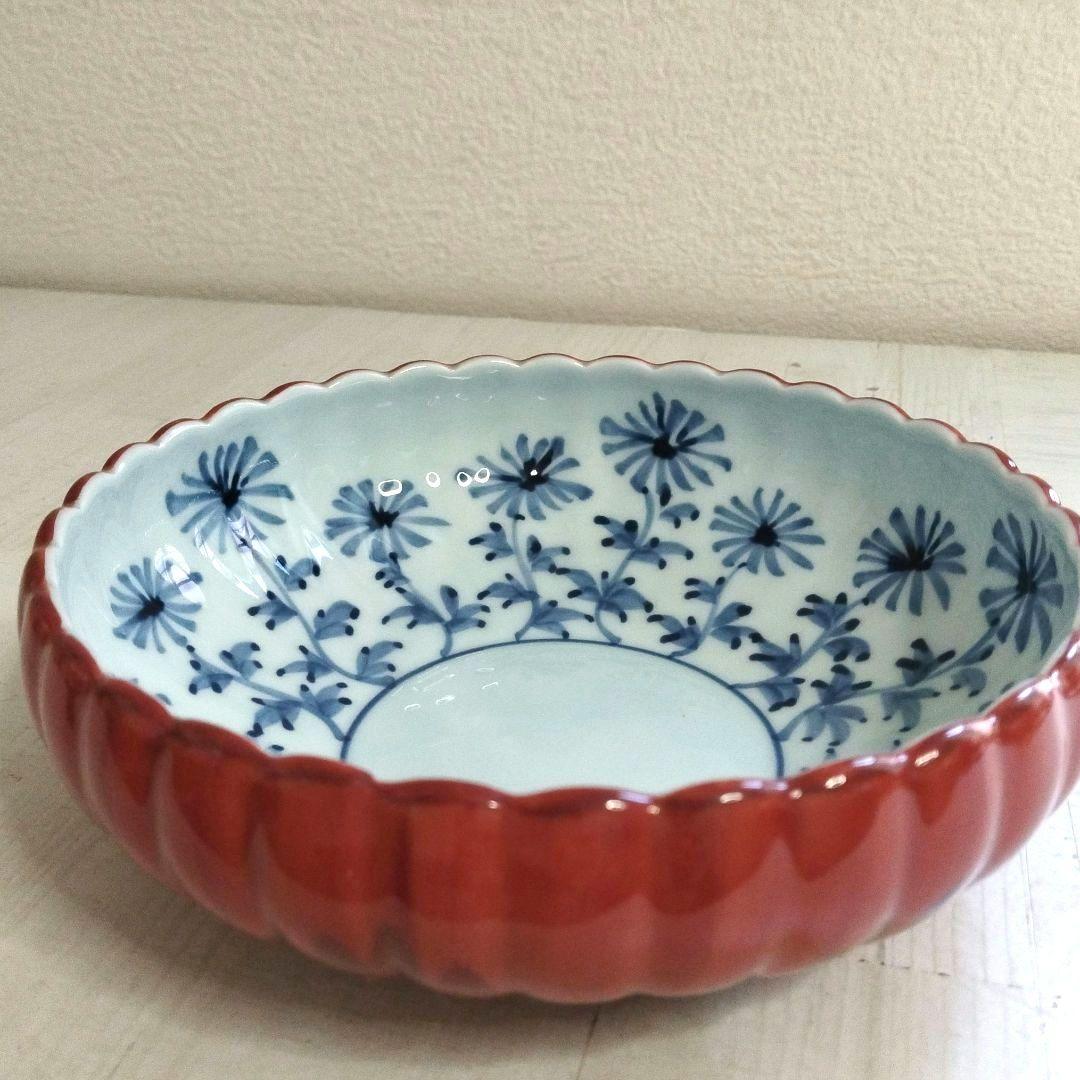 【木箱付】有田焼 源右衛門窯 朱泥 菊形 小鉢 和食器 高級磁器 陶芸美品