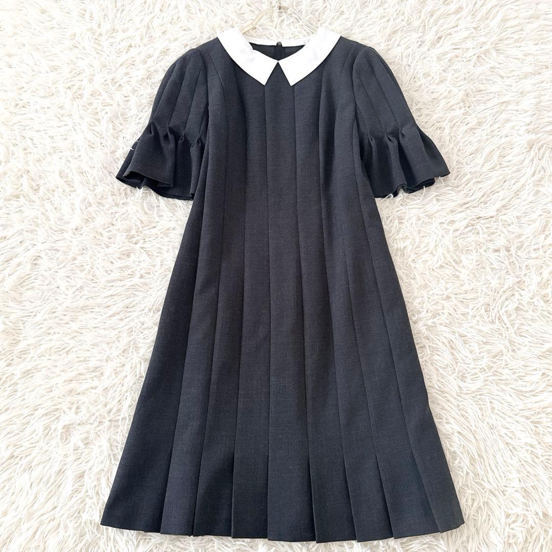 美品✨フォクシー 白襟 袖口フリルプリーツ ワンピース ウール グレー 38