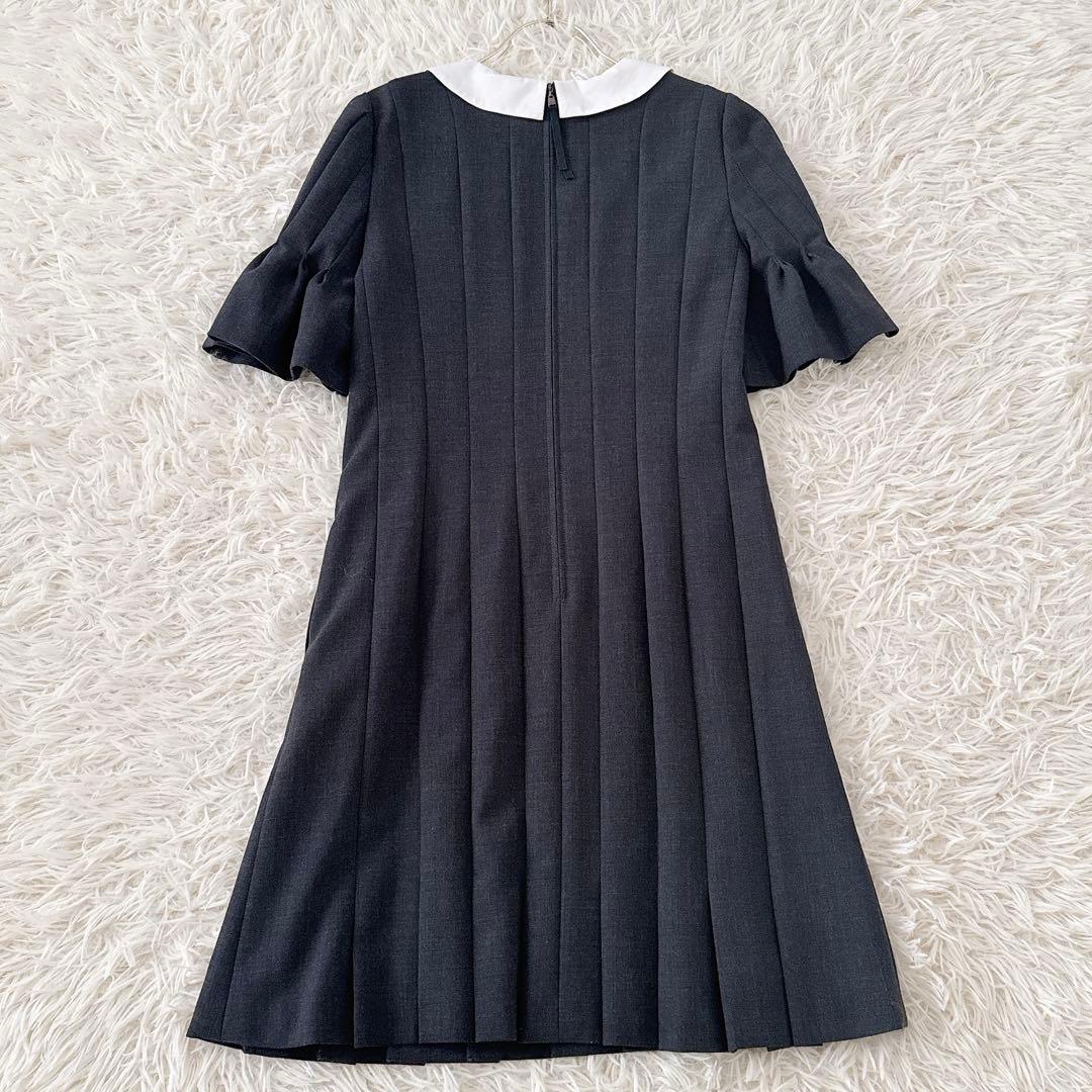美品✨フォクシー 白襟 袖口フリルプリーツ ワンピース ウール グレー 38