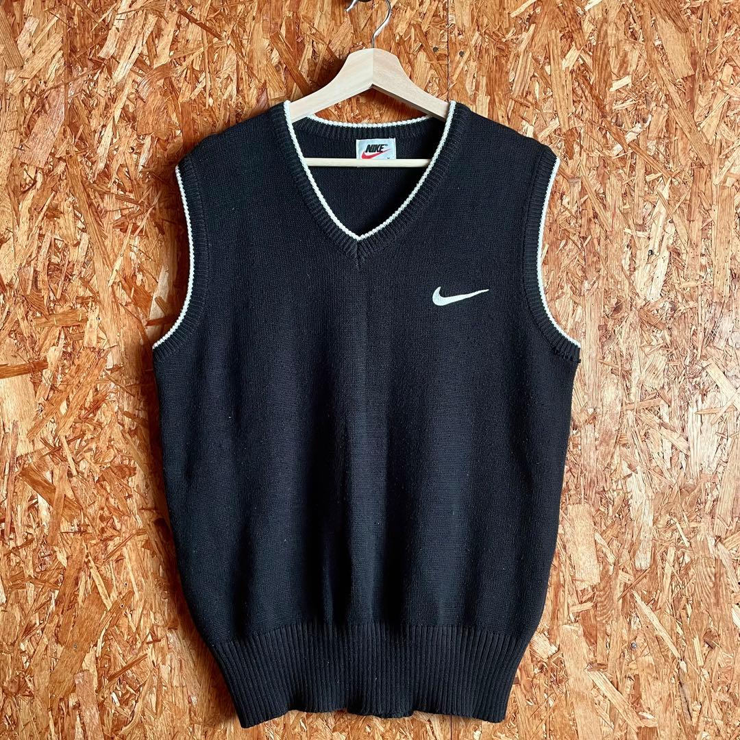 90s OLD NIKE 白タグ コットンニットベスト スウッシュロゴ 刺繍 黒