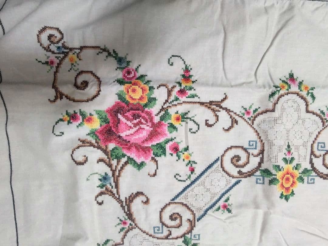 フランスアンティークレース 刺繍 テーブルクロス ベッドカバー ヴィンテージ