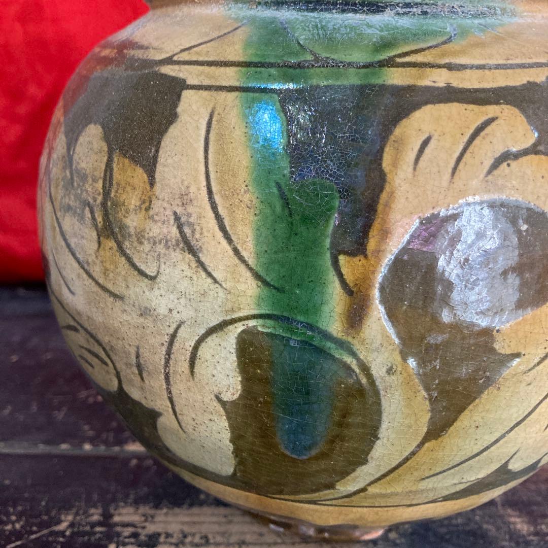中国　磁州窯　小壺　草花図