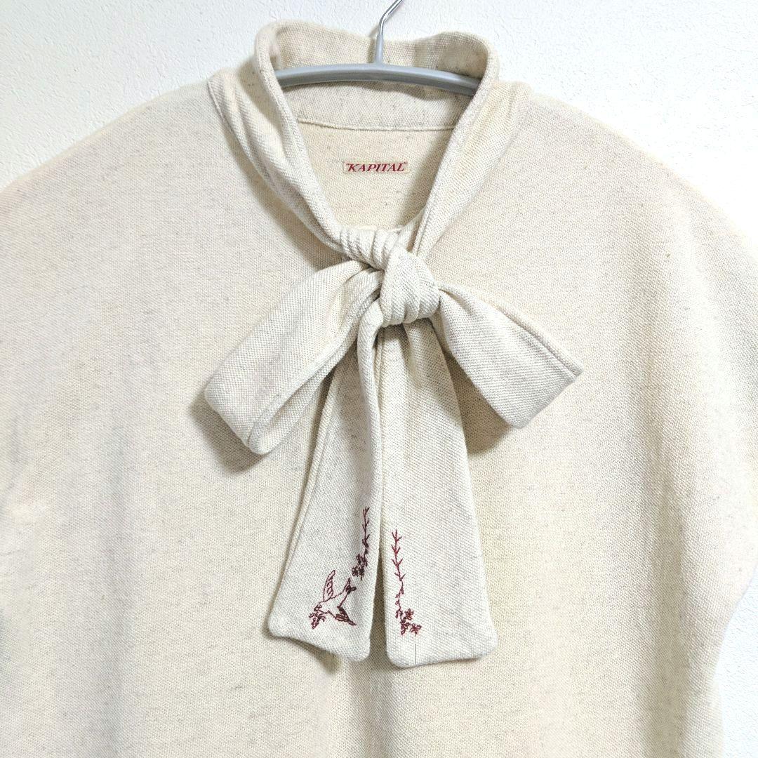 KAPITAL 鳥刺繍 ボウタイ付き コットンリネン鹿の子ポロシャツ