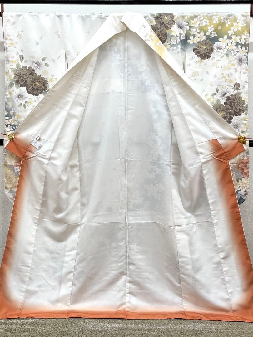 ポリエステル 振袖 牡丹 紋意匠 正絹 ぼかし八掛 躾糸付き S225