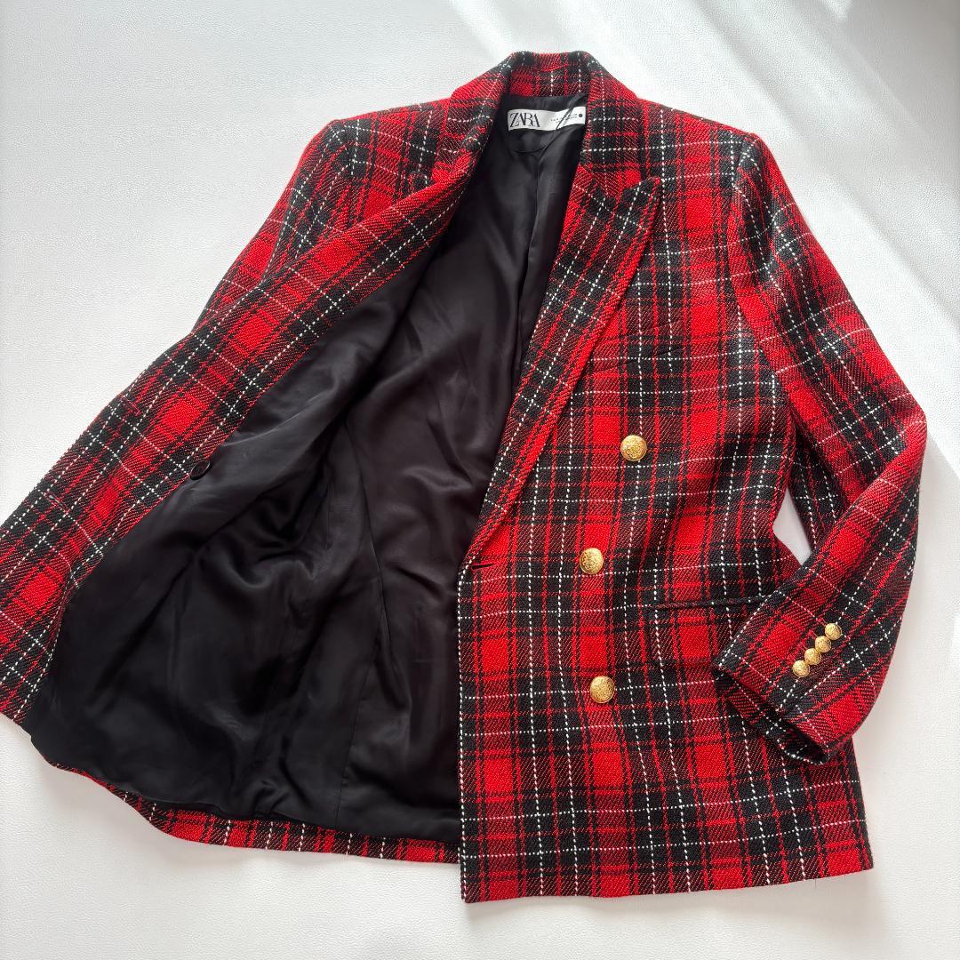 極美品 ZARA テーラードジャケット 金ボタン ツイード ダブル M-L 赤