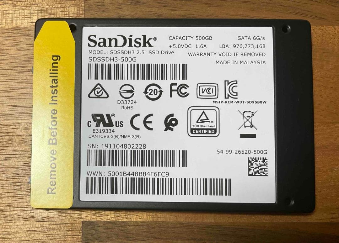 SanDisk 2.5インチSATA SSD 500GB 使用時間12529時間