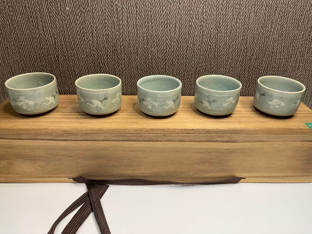 【陶芸・陶器】柳海剛 柳根瀅 人間国宝 文化財 韓国 高麗青磁 酒器 雲鶴 5個