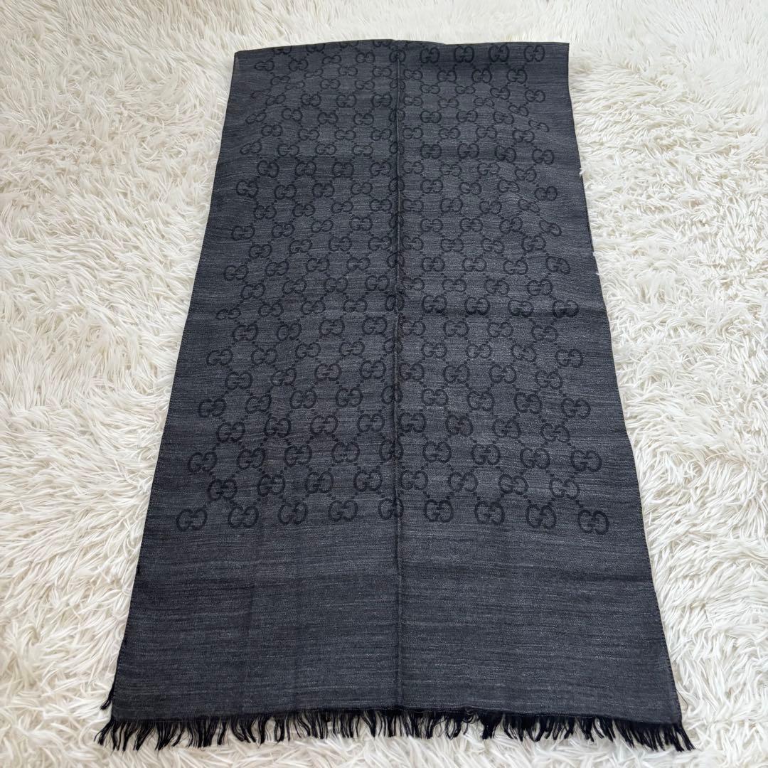 GUCCI グッチ GG柄 ウール×シルク ストール マフラー グレー