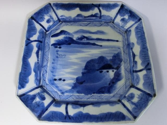 大皿■山里山水図染付四角皿(江戸後期~明治期) 船 古い伊万里 時代物 骨董品■