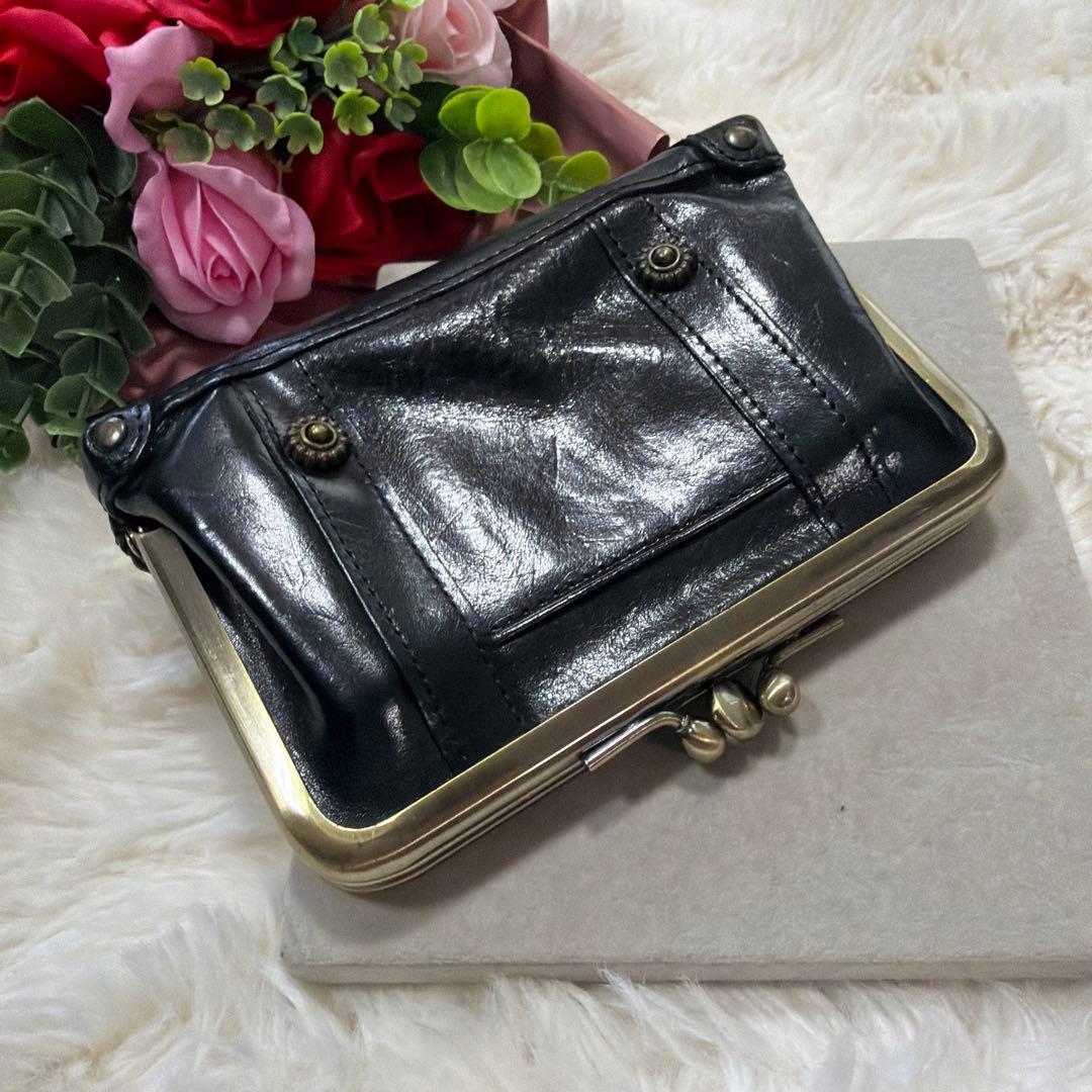 極美品 DAKOTA ダコタ レザー がま口 ジャバラ 財布 ブラック