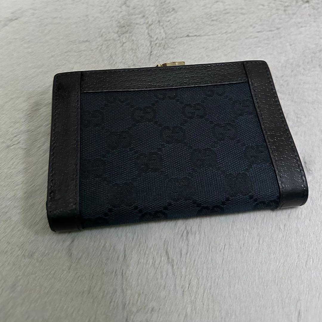 GUCCI グッチ　折り財布　ガマ口　キャンバス　GG ブラック　メタルロゴ