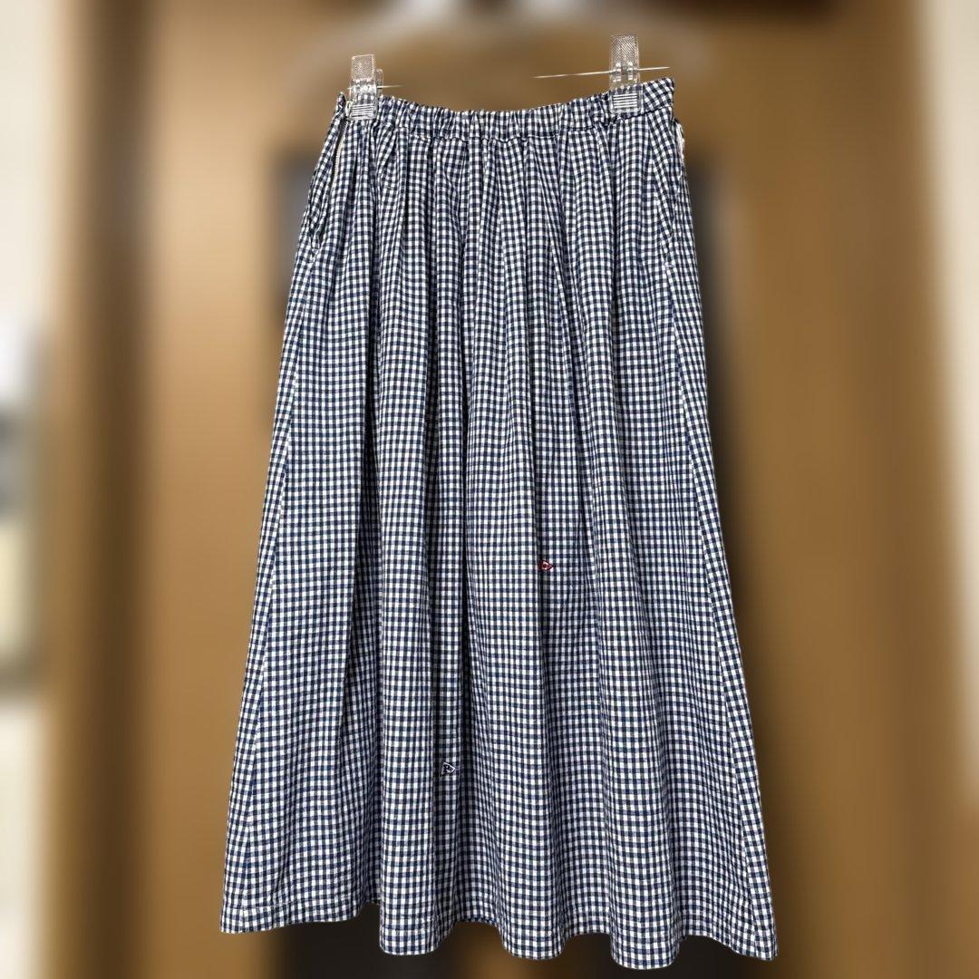 【美品】マドモアゼルノンノン　刺繍千鳥チェック柄スカート　ブルー