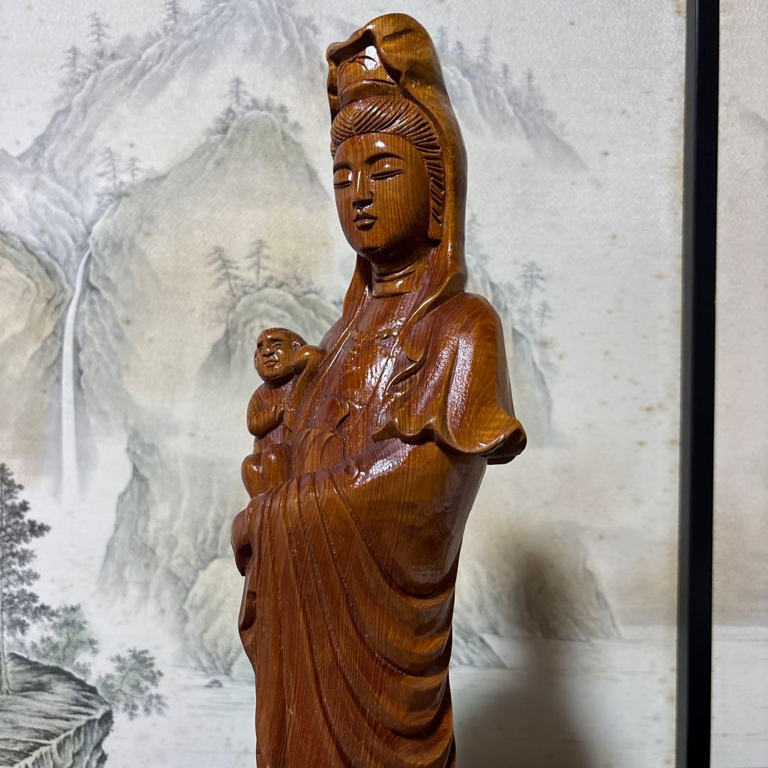 観音菩薩 木彫　仏像 彫刻　開運　風水　置物　縁起物　インテリア　子安観音