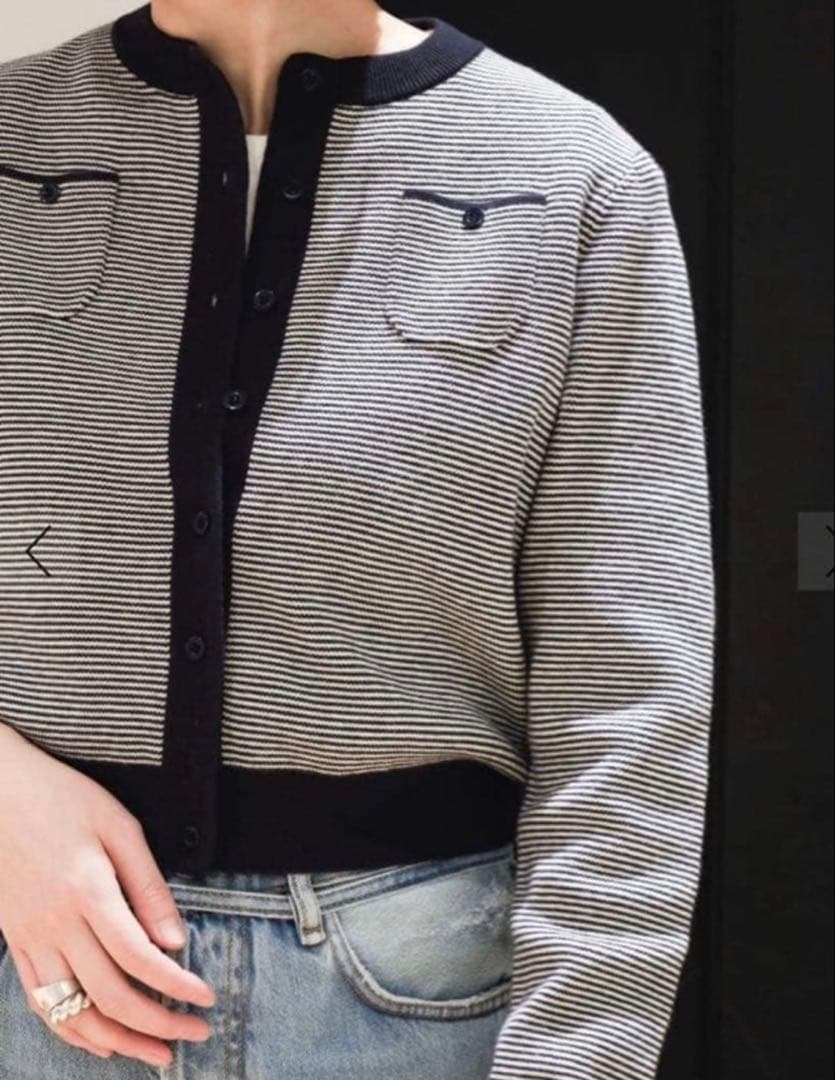 CABaN コットンカシミヤ クルーネックカーディガン　ネイビーストライプ