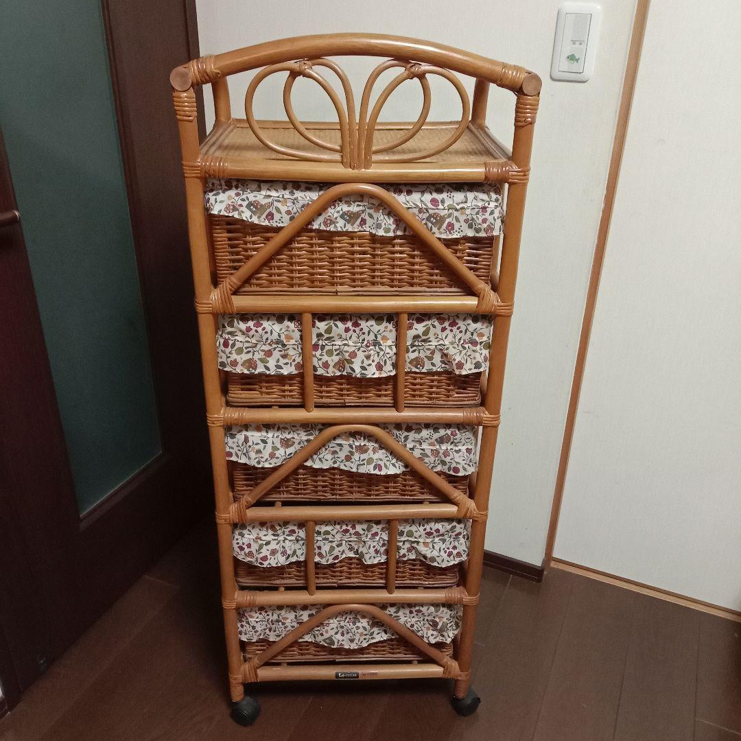 ラタン家具 レトロ チェスト ラタン収納 キャスター付き 引出し 5段