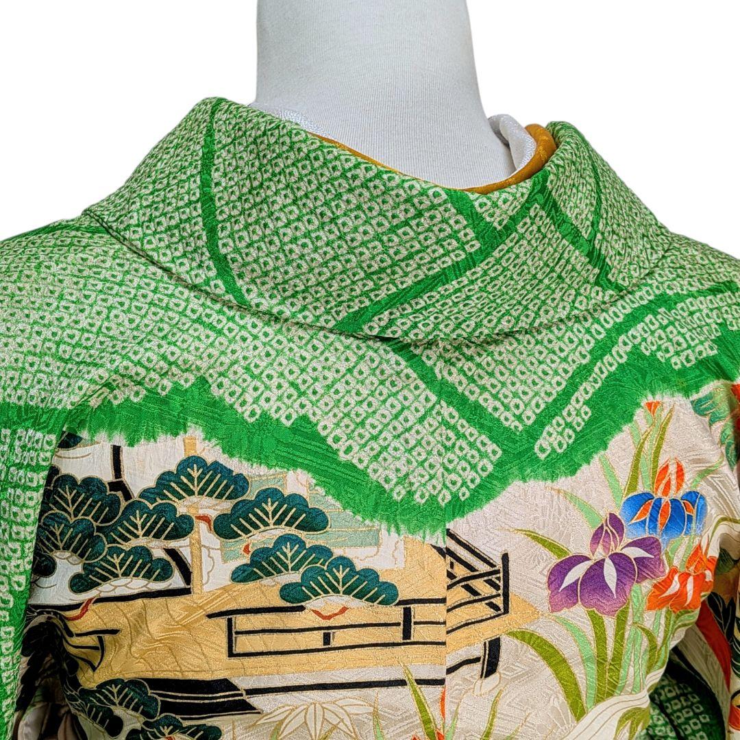 【振袖】御所解模様　絞り　金駒刺繍　白　　正絹　アンティーク