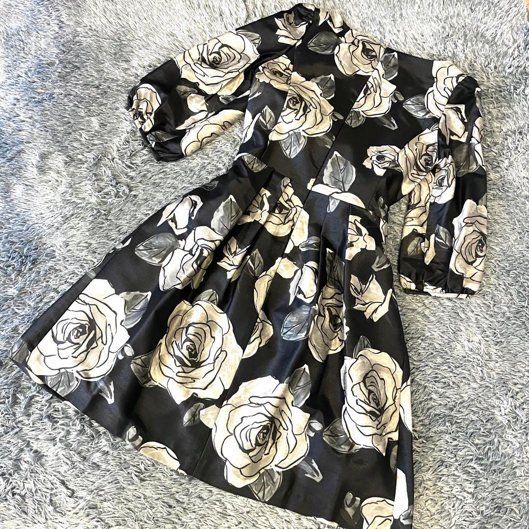 【美品】M'S GRACY 長袖 ワンピース 花柄 リボン フレア グレー系