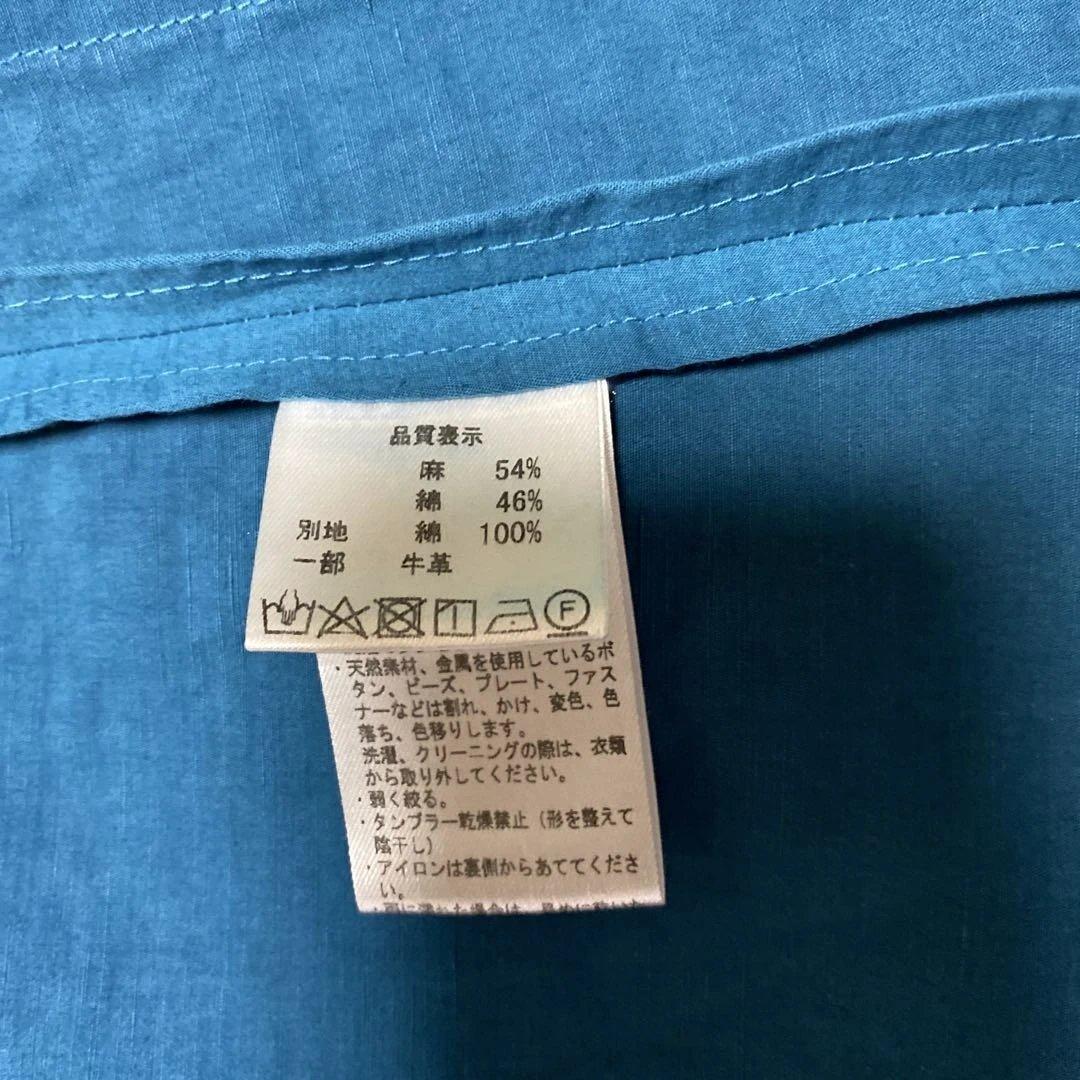 美品☆パラスパレス 麻綿 スプリングコート レザーベルト付ブルー系サイズ3（M）