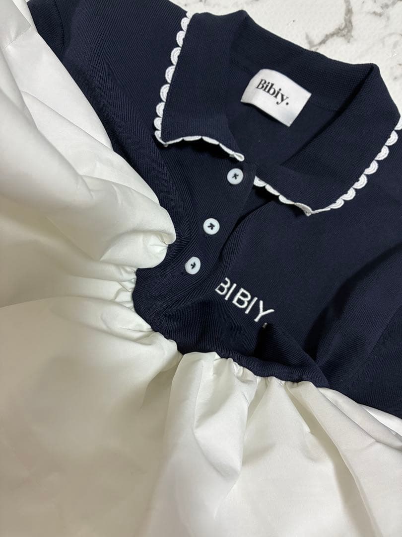 Bibiy フリル付きポロシャツ 半袖 ネイビー・ホワイト