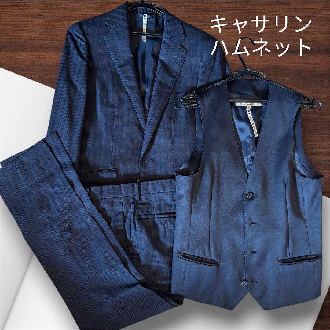 【クリーニング済】キャサリンハムネット　紺ストライプ　メンズスーツS　ベスト付き
