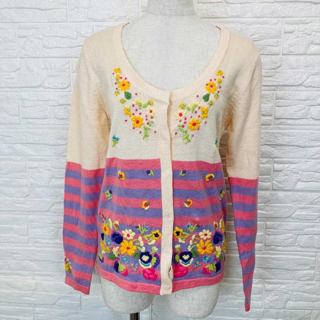 美品 チェスティ S カーディガン 刺繍 花柄 ボーダー ピンク[6492]