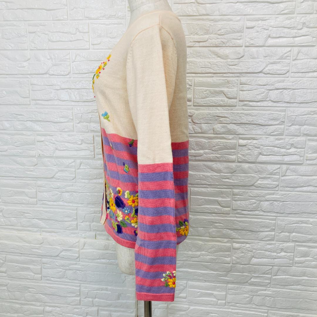 美品 チェスティ S カーディガン 刺繍 花柄 ボーダー ピンク[6492]
