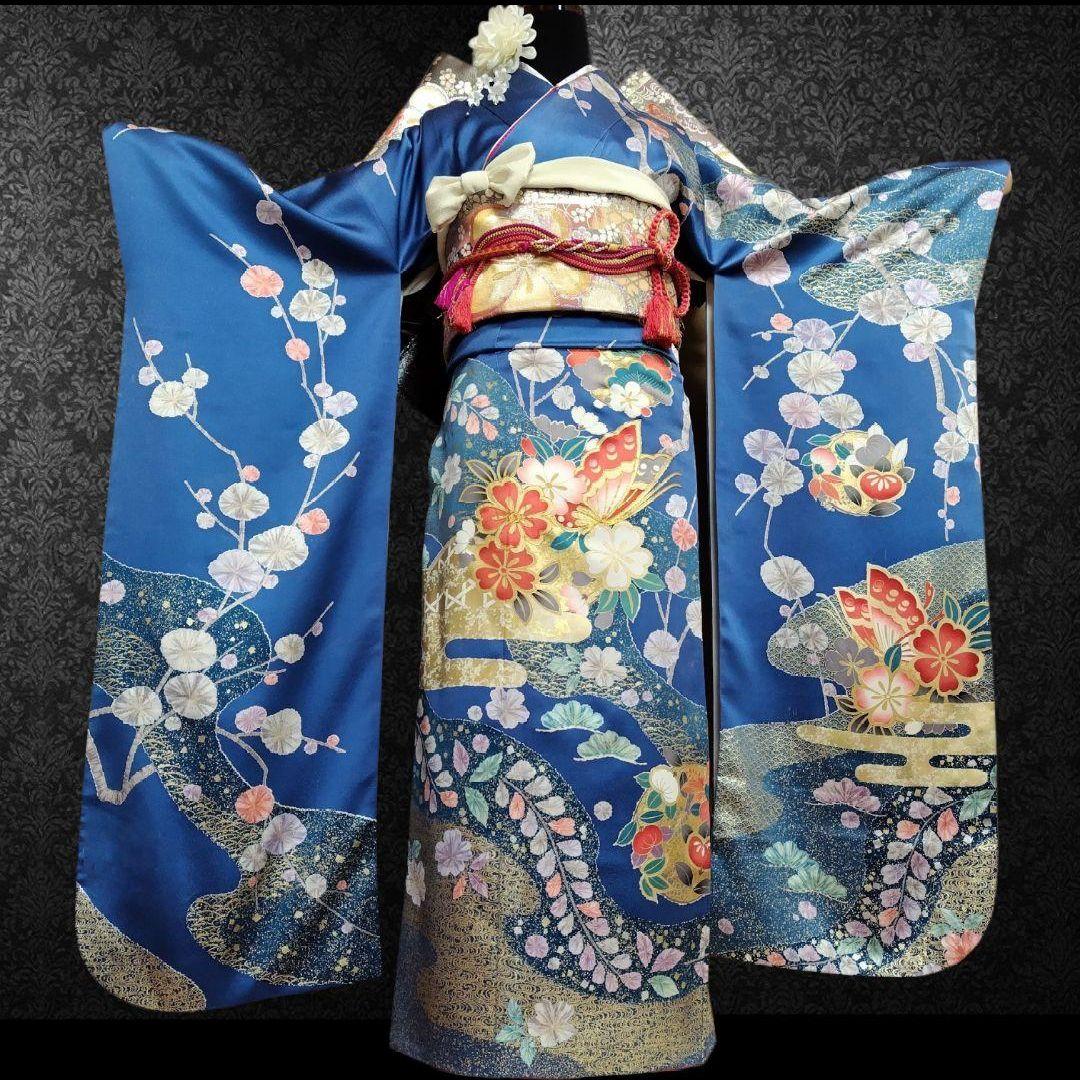 SALE中☆振袖フルセット(6点)成人式・金銀彩加工・金駒刺繍・たたき染め・舞蝶