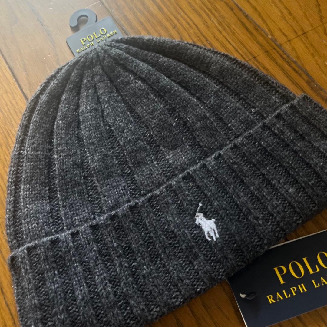 【新品】Ralph Laurenビッグポニーニットキャップ　ビーニー　グレー