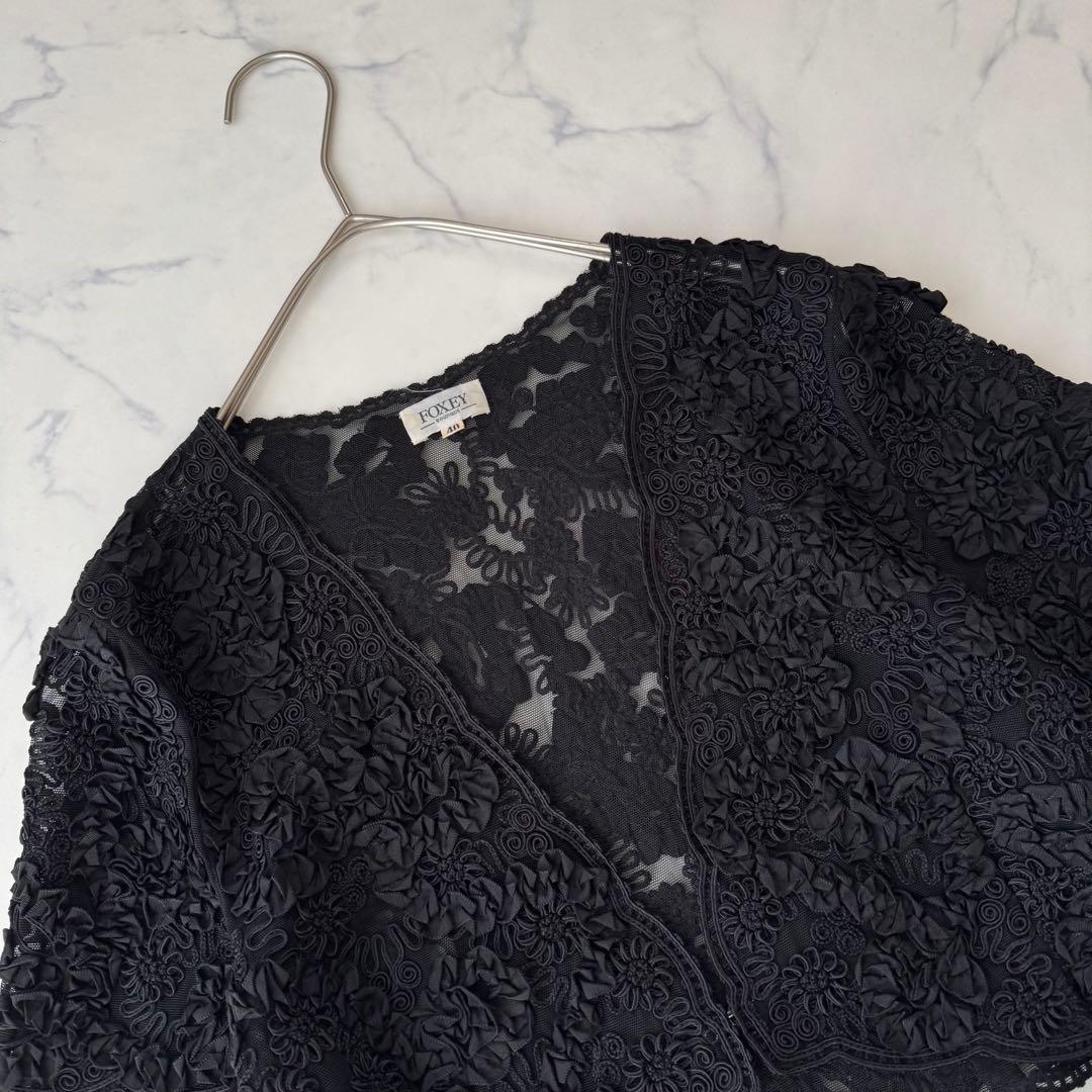 極美品✨ FOXEY リボンワーク刺繍 レースボレロ 黒 ストレッチ 羽織 40