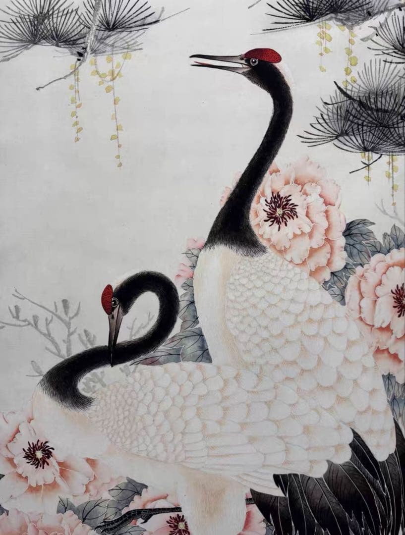 【12月限定価格】水墨画 沈銓《牡丹双鶴》大四尺 中堂画｜掛け軸・実物撮影