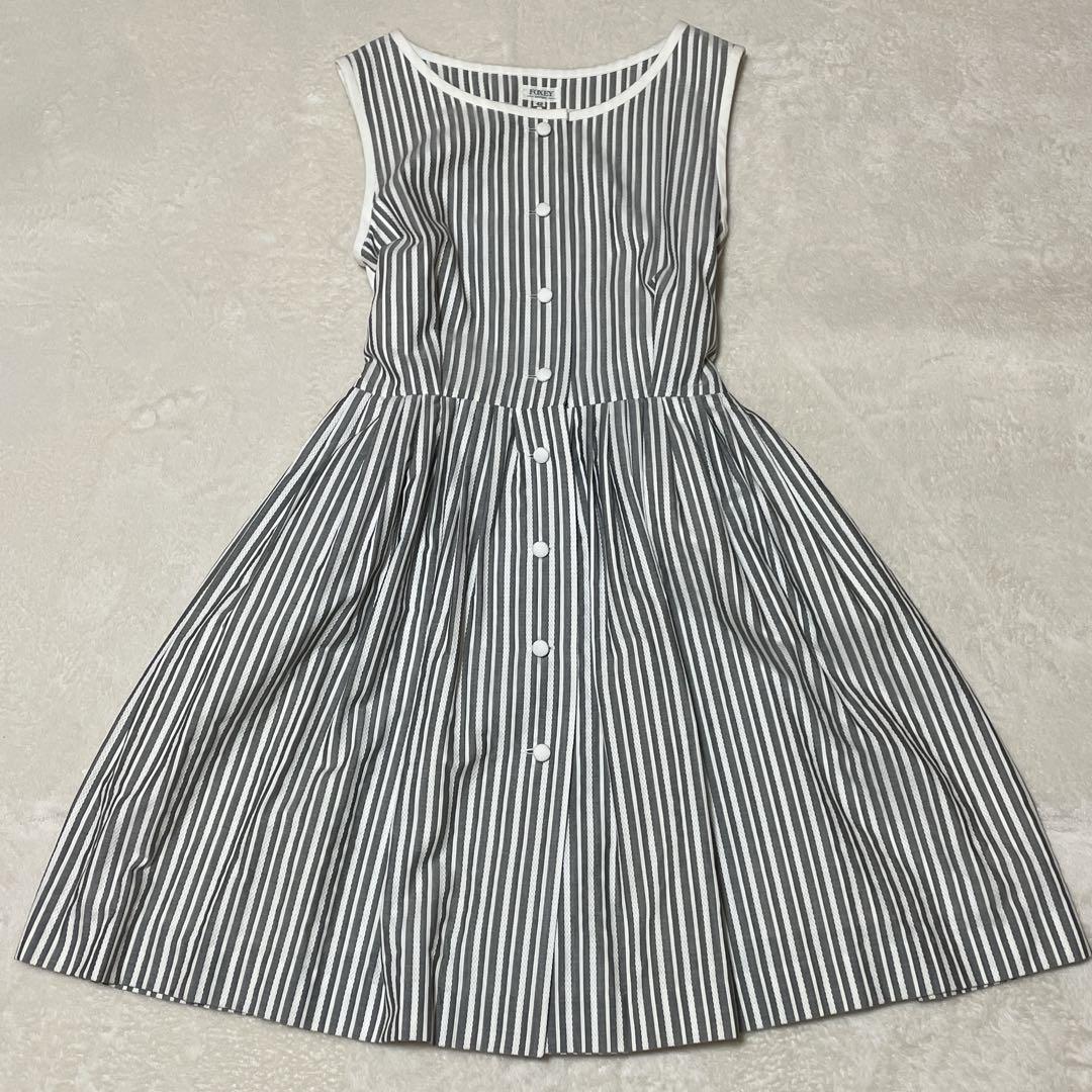 FOXEY フォクシー ノースリーブワンピース リボン くるみボタン 42 L
