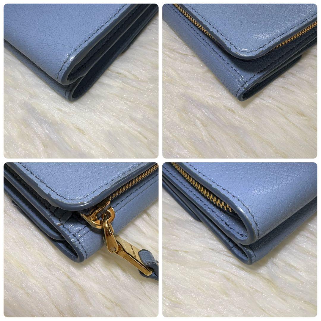 美品 miu miu 三つ折り 財布 マドラス リボン 金ロゴ ライトブルー