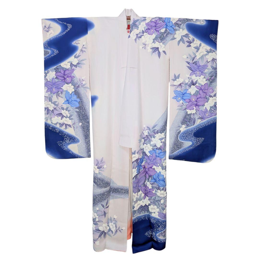 【振袖セット】流水に花模様　白　ブルー　美品　5点セット　正絹　アンティーク