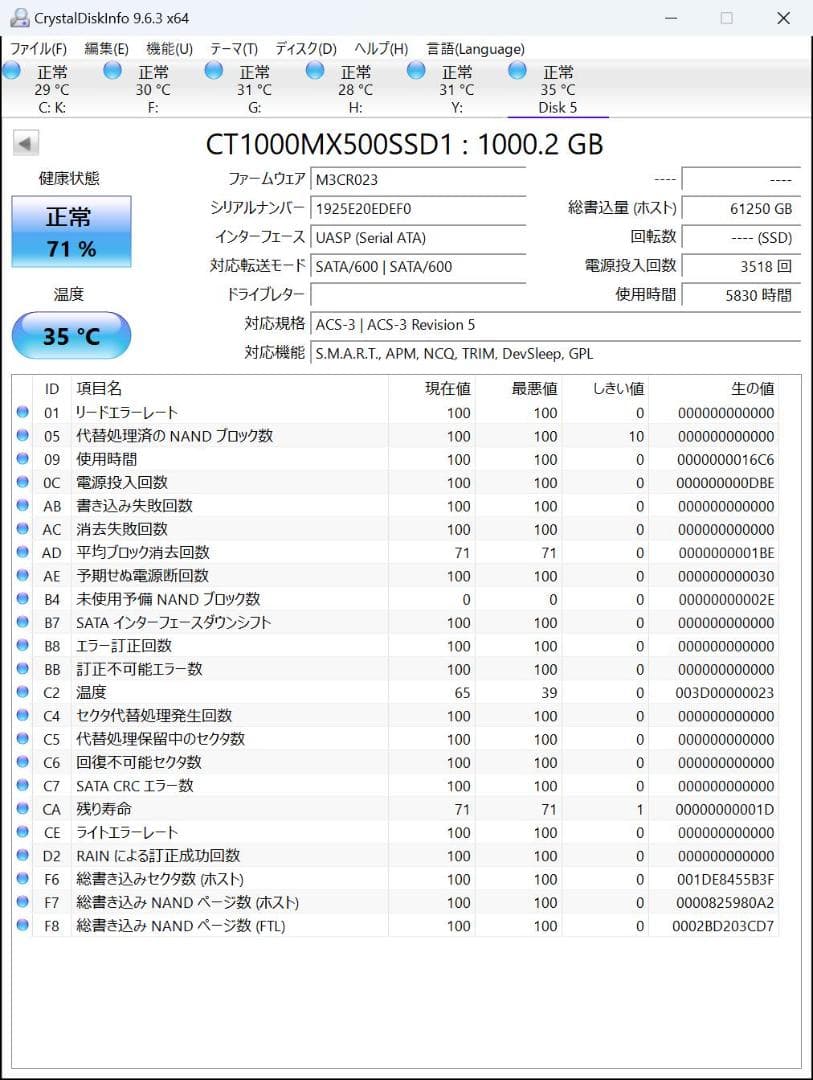 ④Crucial　MX500 1TB SATA 2.5インチSSD　動作品