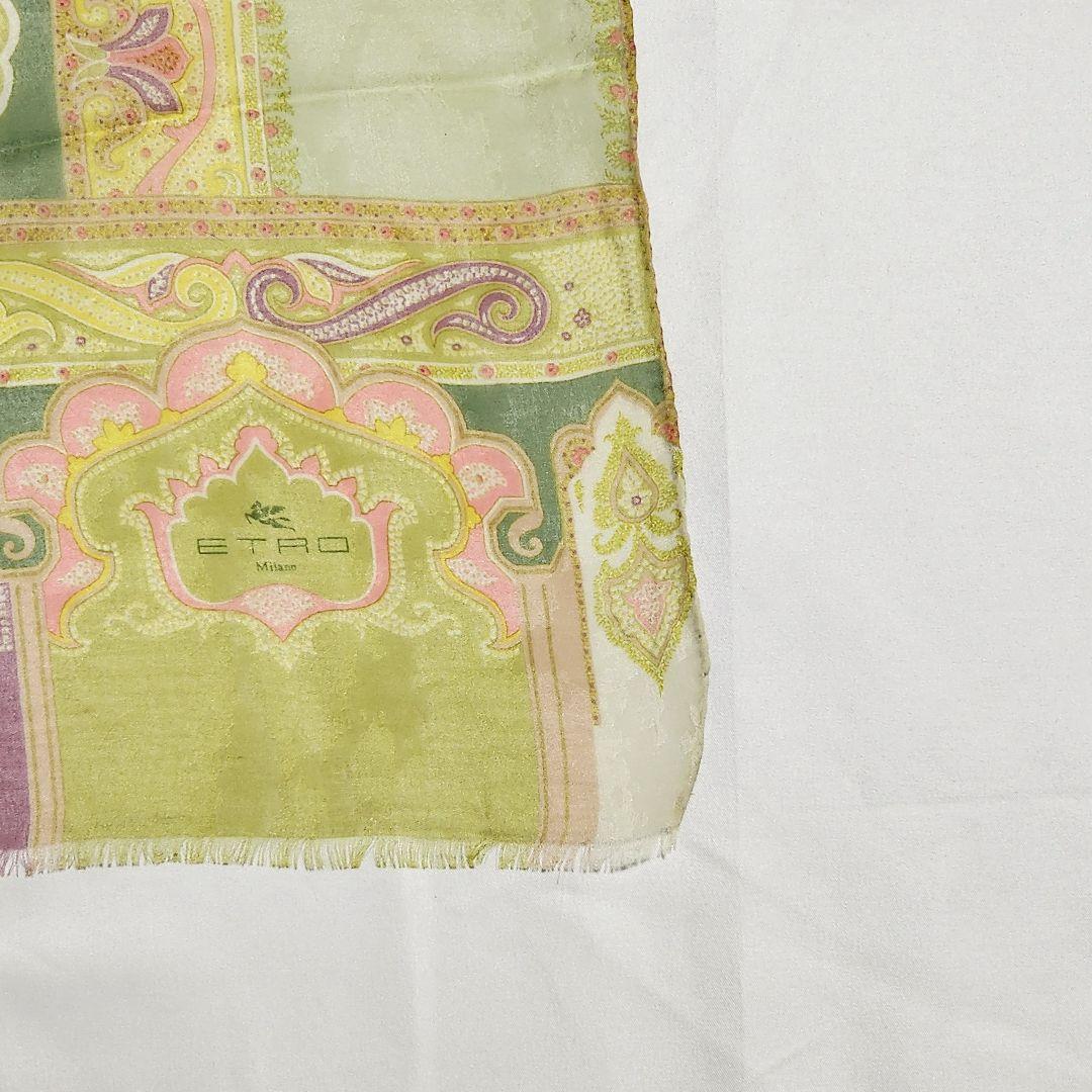 美品 ★ETRO★ ストール シフォン ペイズリー柄 シルク グリーン ピンク.