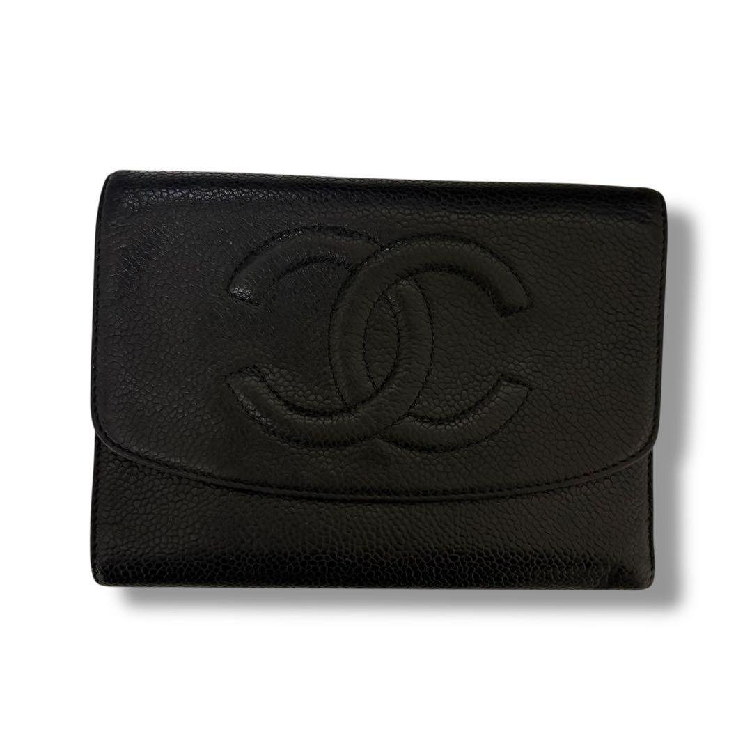 CHANEL シャネル キャビアスキン 三つ折り財布 ココマーク ブラック 黒